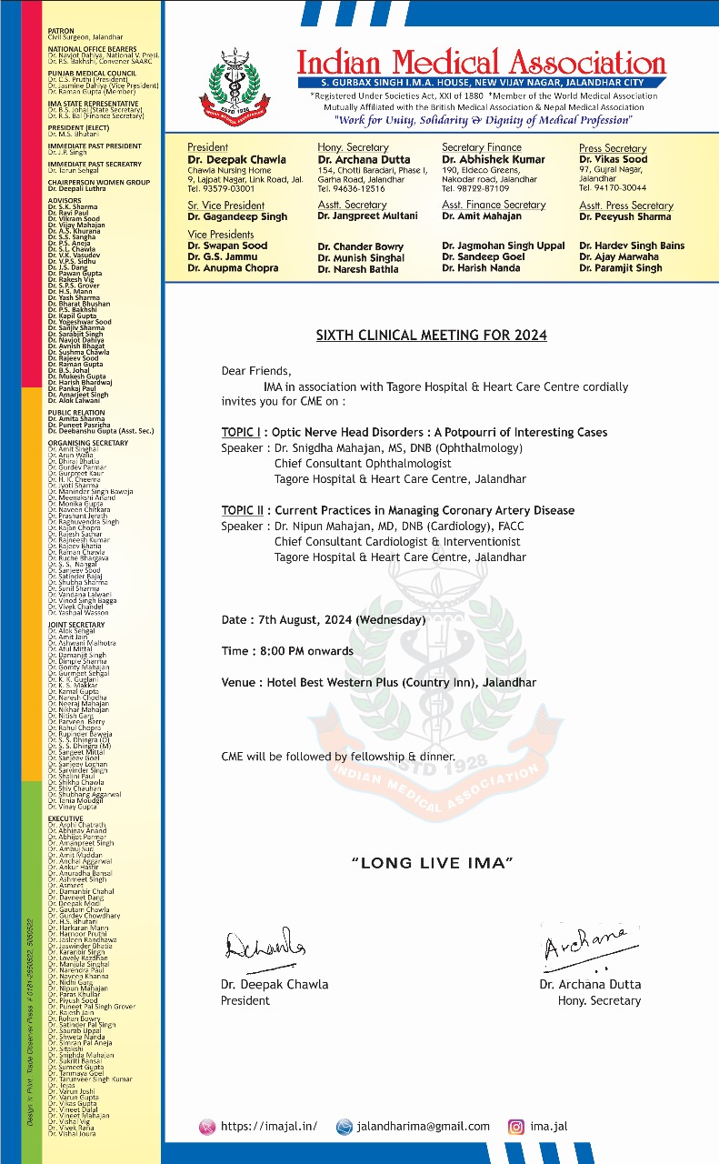 Sixth Clinical Meeting at Hotel Best Western Plus Jalandhar Organized by Indian Medical Association Jalandhar in association with Tagore Hospital and Heart Care Care Centre Jalandhar